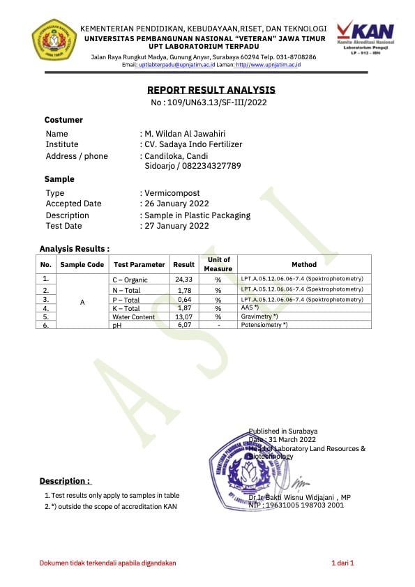 Certificate Of Analysis Organic Fertilizer Vermicompost from Sadaya Indo Fertilizer